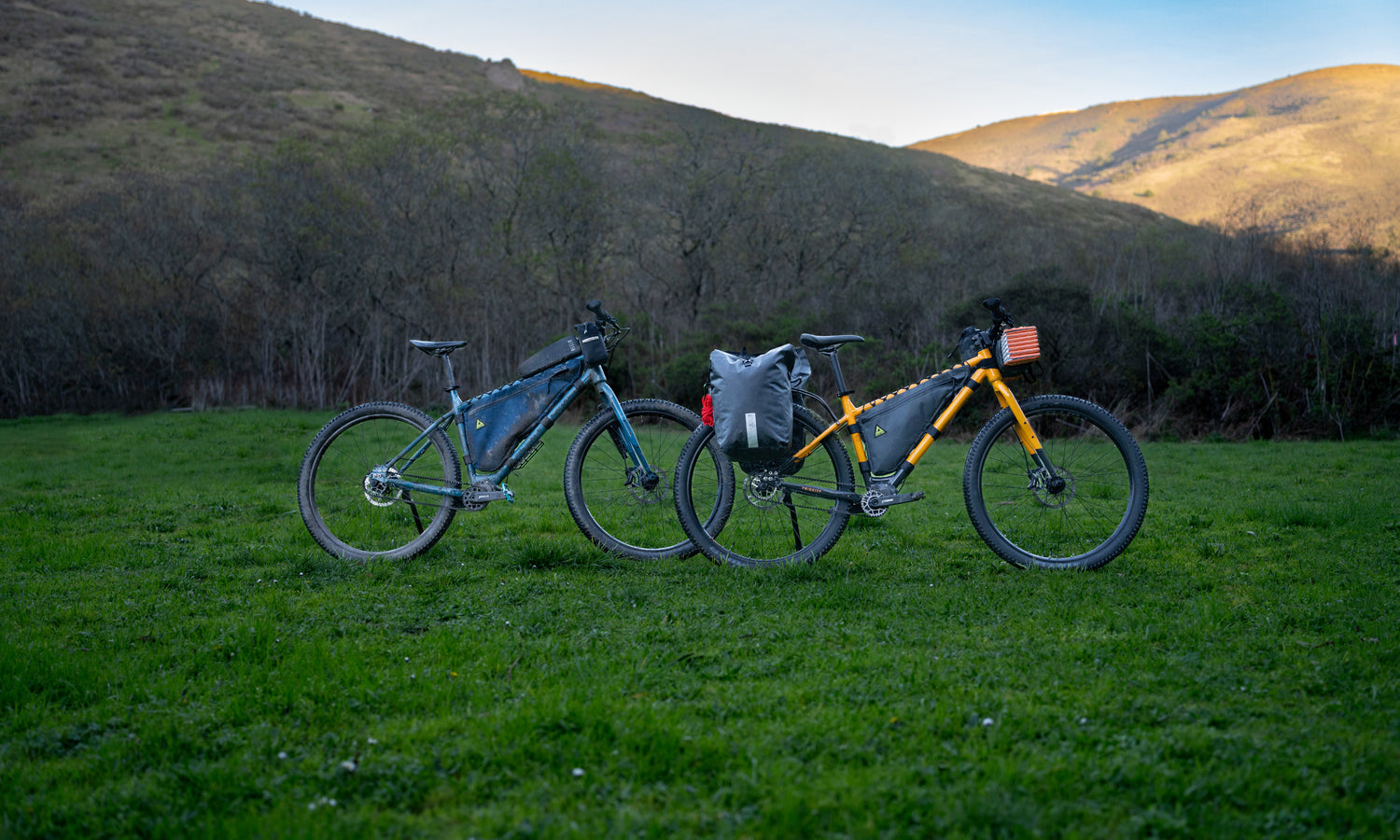 Bruzer ready for bikepacking. Shown in Pumpkin and Storm colorways.