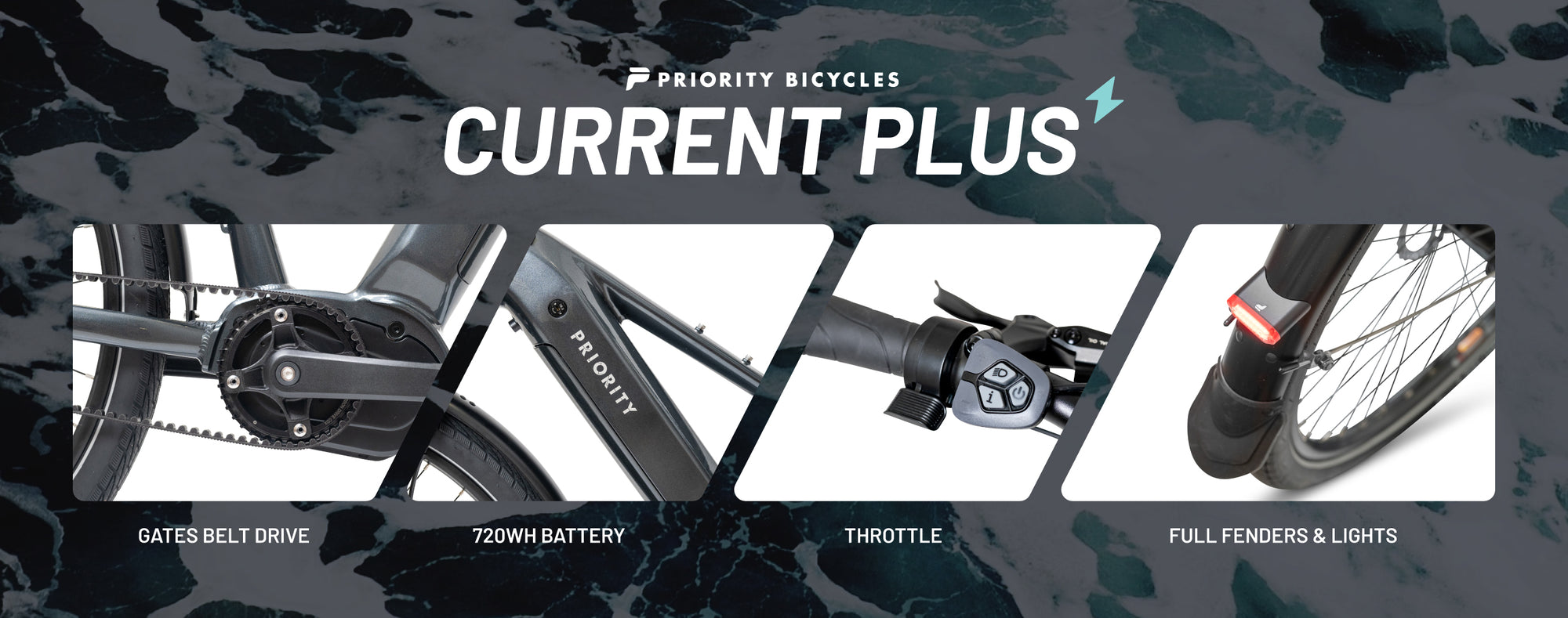 Priority Current Plus Features: Gates Belt Drive, 720WH Batter, Throttle, Full Fenders, and Lights