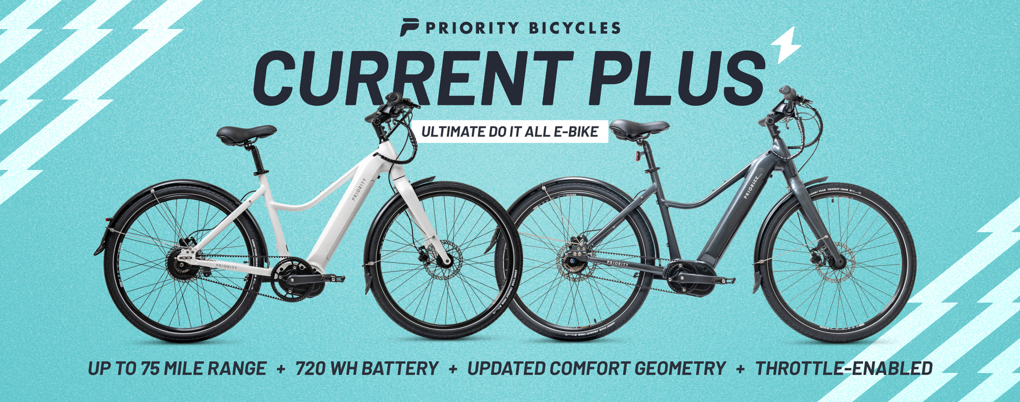 Priority Bicycles Current Plus: Ultimate Do It All E-Bike. Up to 75 mile range, 720wh battery, updated comfort geometry, throttle-enabled.
