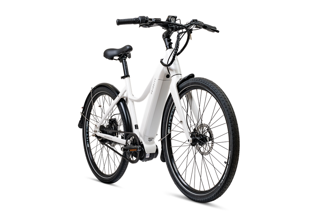 The Priority Current Plus E-Bike in White Side View