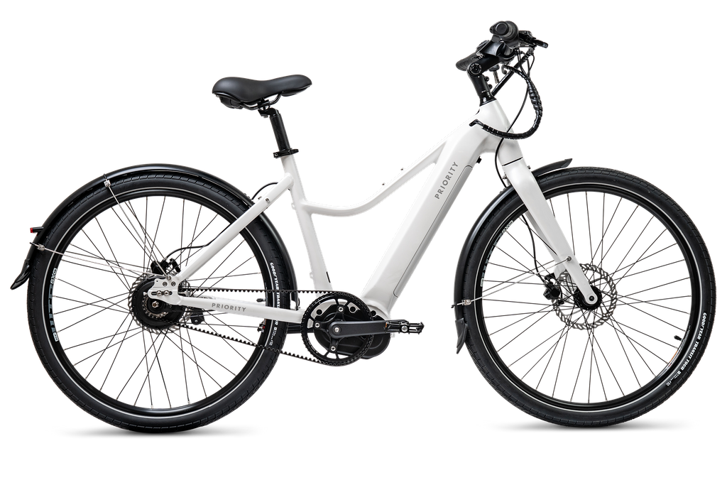 The Priority Current Plus E-Bike in White Side View